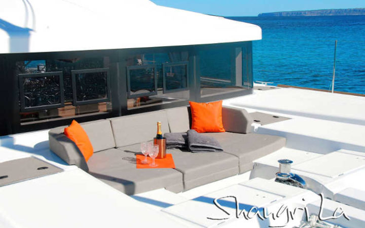 Shangri la catamaran yacht charter bow