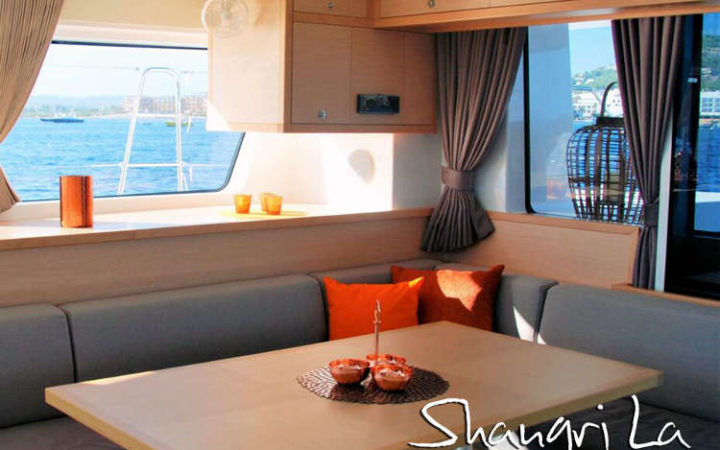 Shangri la catamaran yacht charter saloon